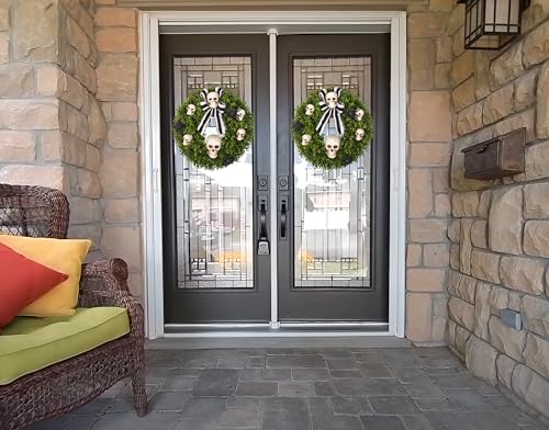 Halloween Front Door Wreath 20 Inch Faux Boxwood Skull Spider Decor