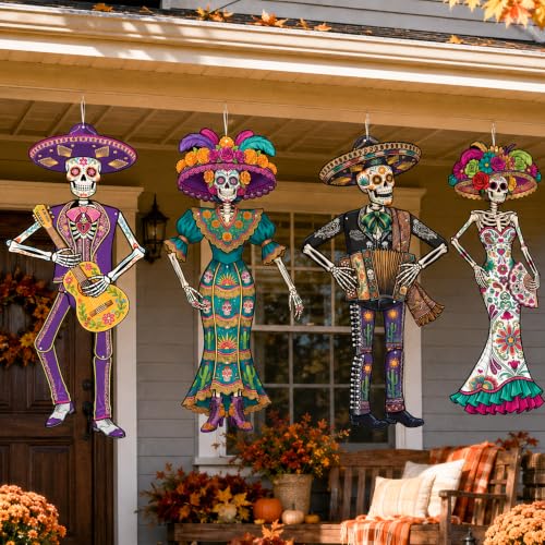 Day of the Dead Paper Skeletons - Posable 48-Inch Halloween & Fiesta Decorations - Set of 4