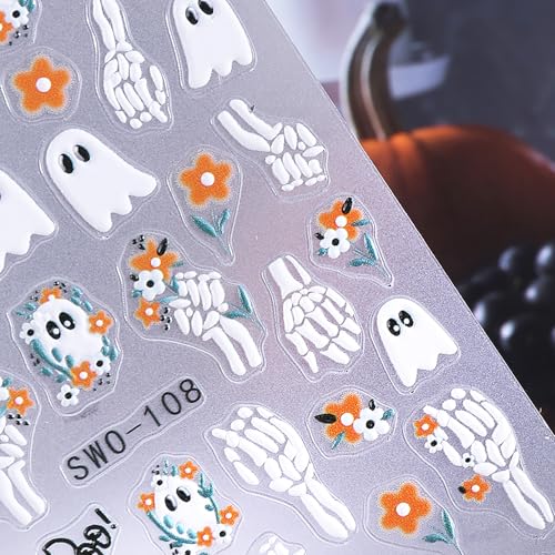 Halloween Nail Art Stickers Decals - Ghost, Pumpkin, Spider Web 4PCS - Self-Adhesive 5D Embossed Nail Decorations - Halloween