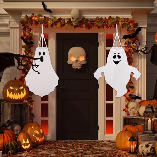 Halloween Ghost Windsocks Outdoor Decorations - Set of 6, 27 Inch White Flying Ghosts for Yard, Porch & Garden