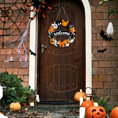 Welcome Mouse Halloween Wreath Door Decoration - Rustic Wooden Hanging Sign