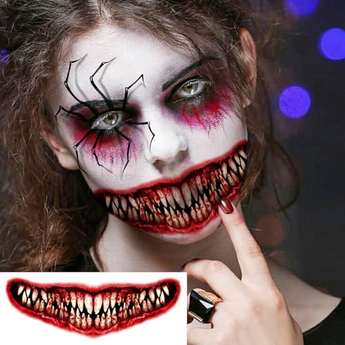 Halloween Spider Web & Red Mouth Temporary Tattoos Set - 7 Sheets, Realistic Zombie & Clown Designs, Variation: RedMouth