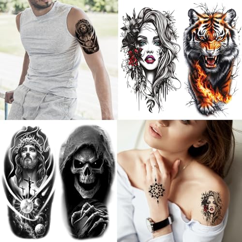 Halloween Black Scary Animal Temporary Tattoos Set - Wolf, Lion, Tiger, Skeleton, Skull, 102 Sheets