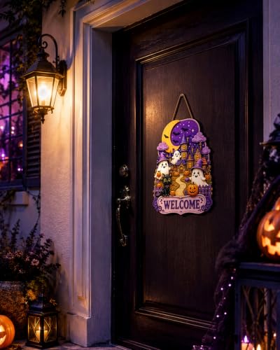 Halloween Wooden Wreath for Front Door - Purple Ghost Hanging Sign