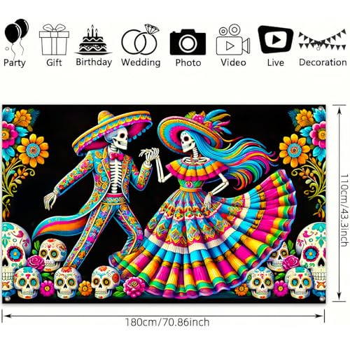 Dia de los Muertos Banner 71x43 Inches Mexican Fiesta Party Decor Sugar Skull Backdrop