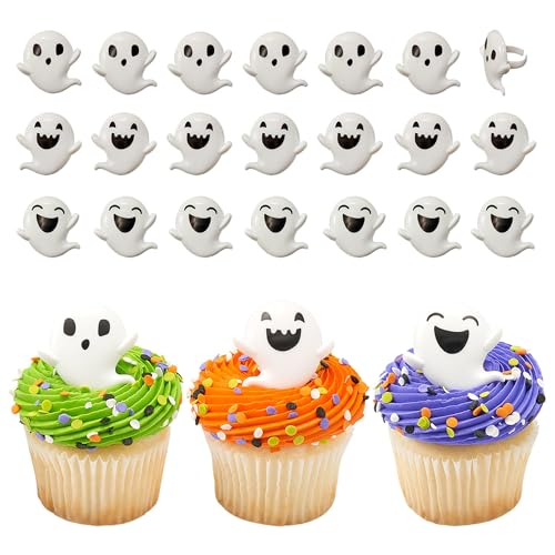 Halloween Ghost Cupcake Toppers - 24 Spooky Plastic Cake Rings for Treats