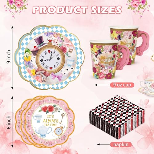 FillTouch Wonderland Paper Tea Cups and Saucers Set - 50 Pieces for Tea Party