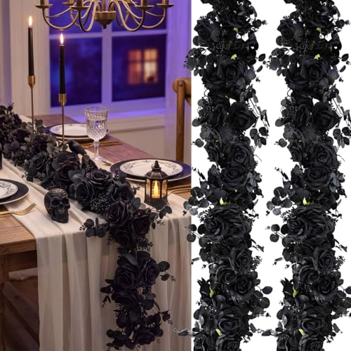 Black Artificial Eucalyptus Garland with Roses - 4 Pack, 26ft