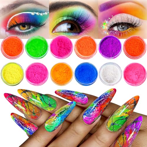 Bright Fluorescent Nail Pigment Powder Set - 12 Neon Colors for Nail Art & DIY Crafts
