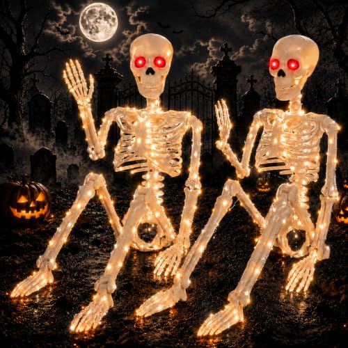 Halloween Lighted Skeleton Decoration with White LED Light and Red Eyes - 2PCS