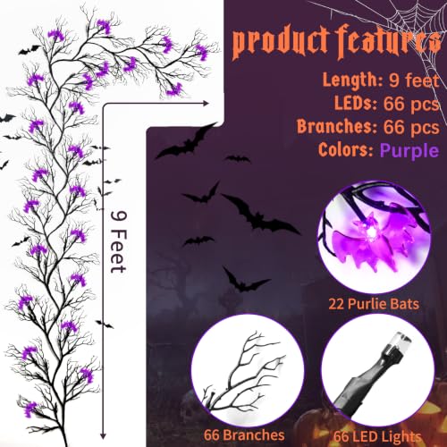 Purple Bat Halloween Vine Lights - 9 Ft, 8 Modes, Timer, Waterproof Indoor Outdoor Decor