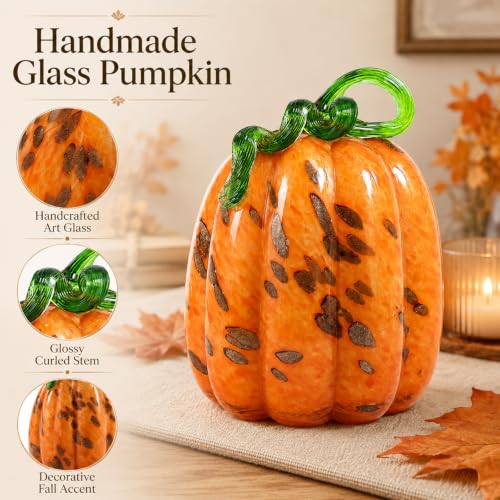 Blown Glass Pumpkin Decor - Classic Orange, Medium Tall, Fall Halloween Table Centerpiece