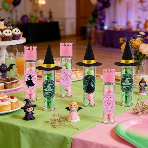 Pink and Green Witch Party Favors - 36 Candy Tubes, Mini Hats & Stickers Set