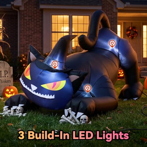 6FT Halloween Rotating Black Cat Inflatable Decoration with Witch's Hat - Outdoor Spooky Yard Decor
