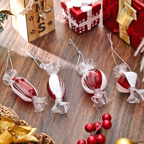 Christmas Glass Candy Ornaments Set - Red and White Holiday Tree Decorations