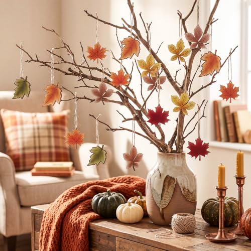 Trendy Fall Wooden Maple Leaf Ornaments for Tree - 24 pcs Halloween Thanksgiving Decor