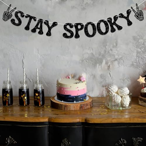 Halloween Banner Stay Spooky Skeleton Peace Sign Glitter Decor - Black