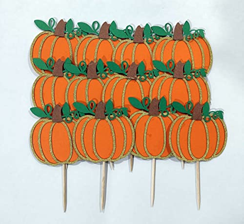Fall Pumpkin Cupcake Toppers - 12 Glitter Pumpkin Party Decorations