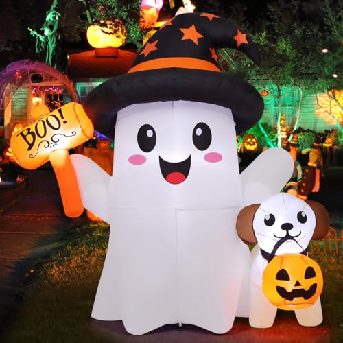 Halloween Inflatable Ghost and Puppy Set with LED Lights - Outdoor Yard Decor