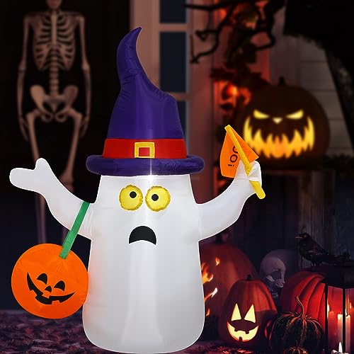 Halloween Inflatable Ghost with Pumpkin, Lights & Witch Hat - 5Ft Outdoor Yard Decor