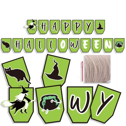 Halloween Banner Green Witch Black Cat Hanging Bunting Flag Party Decorations