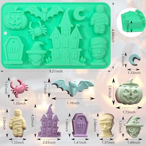 Halloween Silicone Mold 9 Shapes for Chocolate Candy Gummy - 2 Pack - Spooky Castle Bat Mummy