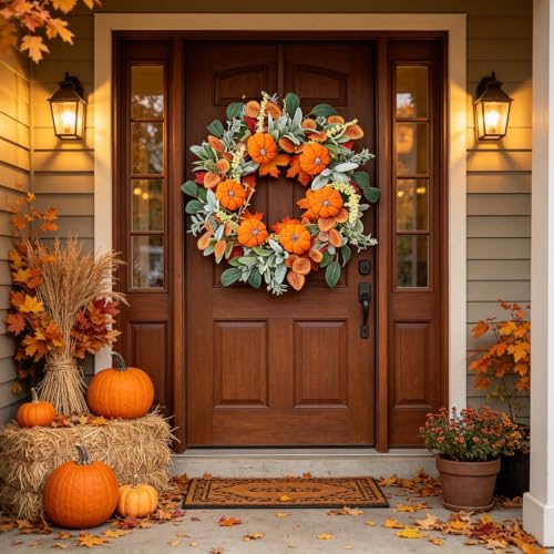 22 Inch Autumn Harvest Wreath for Front Door Farmhouse Decor with Pumpkins & Eucalyptus - Variation of THIS listing