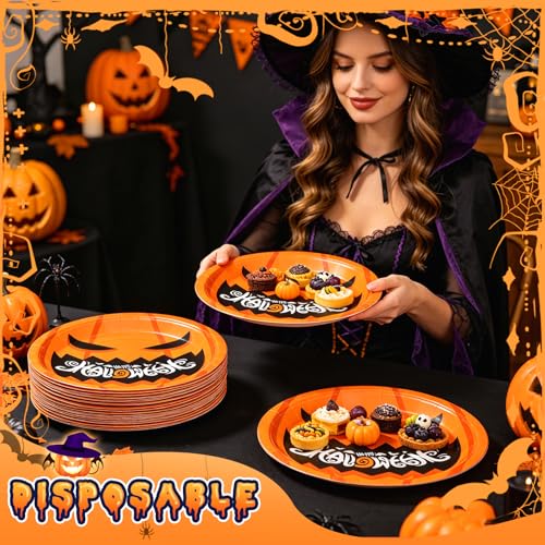 50 Pack 9-Inch Halloween Paper Plates Pumpkin Themed Disposable Party Tableware