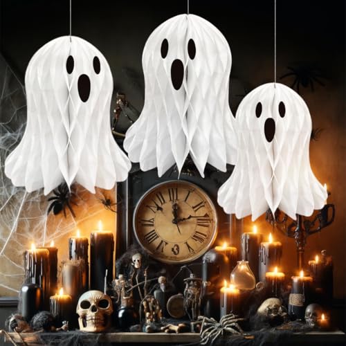 Halloween Ghost Honeycomb Decorations Set - 10 White Paper Spooky Hanging Ornaments