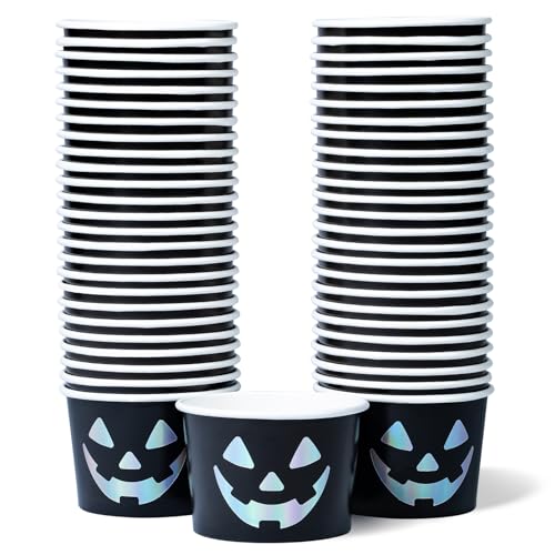 Confettiville Jack-O-Lantern Ice Cream Cups - Black & Silver Halloween Party 50 Count 9Oz