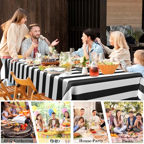 Black & White Stripe Tablecloth 2 Pack - 54 x 108 Inch Rectangular Disposable Cover - Party & Event Use