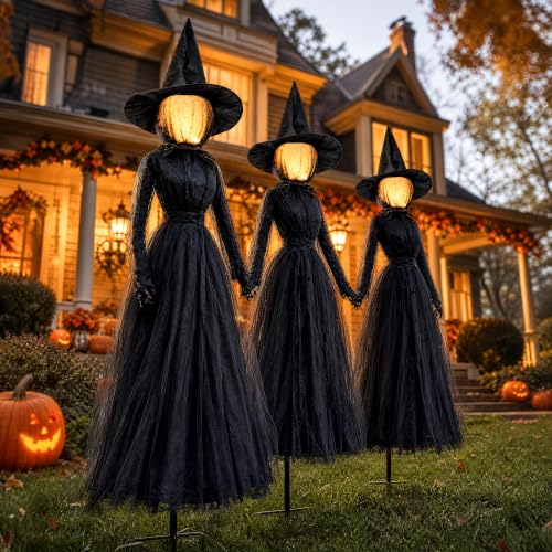 Halloween Witch Decorations Outdoor Set - 6 FT Black Holding Hands Witches with Glowing Faces, Lighted Yard Prop