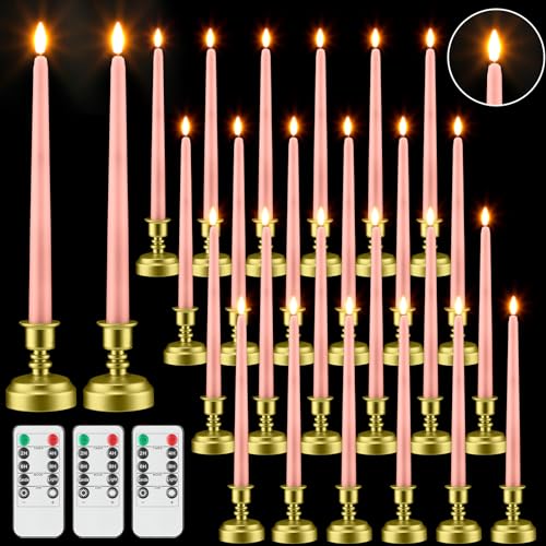 Pink Flameless Taper Candles with Remote Control Set - Realistic Flickering LED Lights for Holiday & Wedding Decor (24 Pack)
