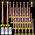 Pink Flameless Taper Candles with Remote Control Set - Realistic Flickering LED Lights for Holiday & Wedding Decor (24 Pack)