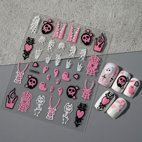 Halloween Nail Stickers Set - Pink Black White 09, 6 Sheets for DIY Nail Art, Ghost Skull & Spiderweb Decals