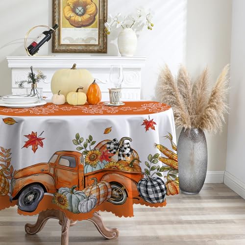 Fall Round Tablecloth 60 Inches - Orange Truck Fall Decorations, Fade-Resistant
