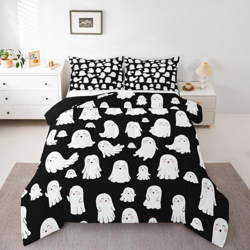 Halloween Ghost Comforter Set - Cute White Spooky Bedding for Kids & Teens Queen Variation 064
