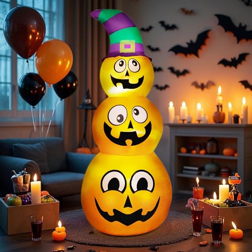 Inflatable Halloween Pumpkins with Witch Hat and LED Lights - 5 Ft Outdoor Yard Decor