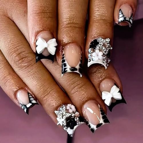 Press On Nails Short Square with Bow Charms and Zebra Print - 24 Pack