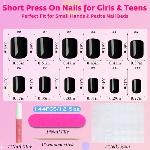 AddFavor Black Short Press On Nails - 144pcs Fake Acrylic Nails with Adhesive Tabs