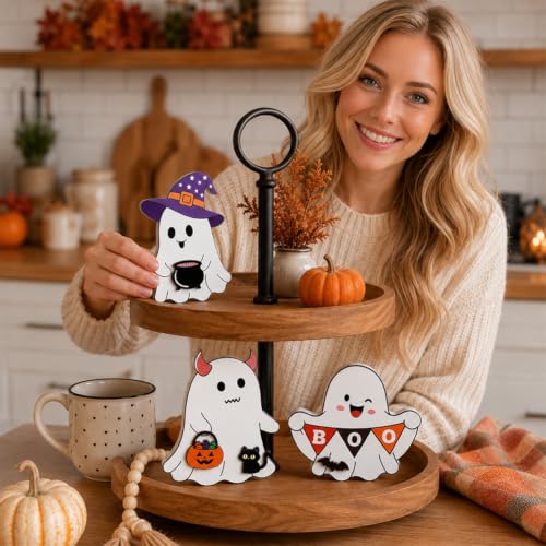 White Wooden Ghost Halloween Decorations Set - Whimsical Table Signs with Bats & Pumpkin