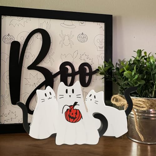 Halloween Ghost Cat Wood Signs Set - Rustic Farmhouse Decor, 3 Pieces