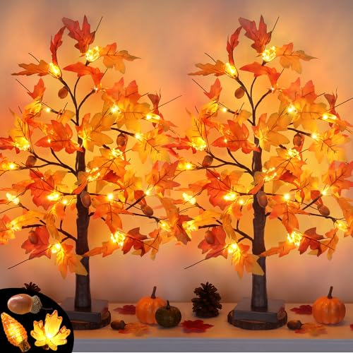 Huyamap 2 Pack 24-Inch Fall Maple Tree Lights with Pumpkin Acorns & Lampshades, Indoor Thanksgiving Decor - Style 2