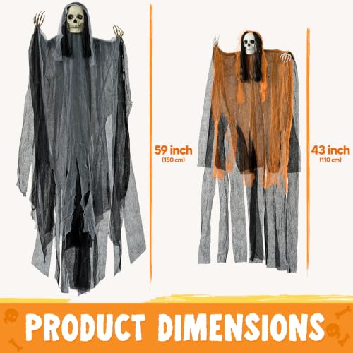 Halloween Hanging Grim Reaper Decoration Set - Tattered Skeleton & Flying Ghosts, 47 & 63 Inches, Outdoor Indoor Spooky Decor