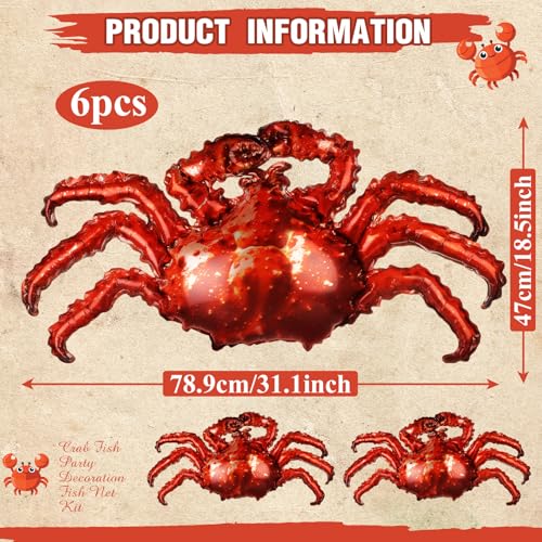 Seafood Party Balloons Crab-Shaped Aluminum Foil Decorations - 6 Pack
