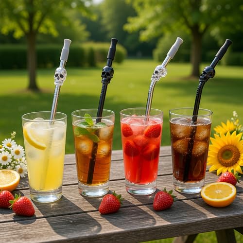 Skull Design Stainless Steel Reusable Drinking Straws - 8 Pack, 10.5 Inch, Silver & Black Variation B
