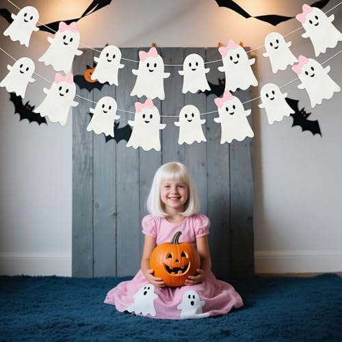 Halloween Ghost Garland Banner - Pink & White Glitter Halloween Decorations - 16 ft Set