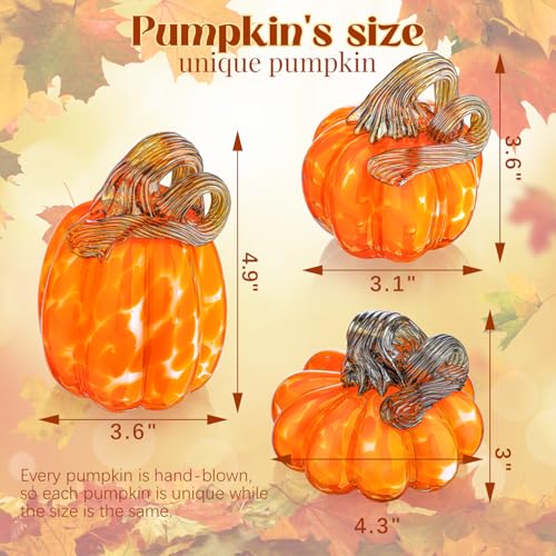 Set of 3 Hand-Blown Glass Pumpkin Decorations for Fall Halloween Thanksgiving