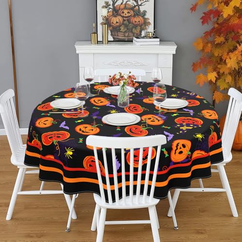 Halloween Round Tablecloth 60x60 Inch Waterproof Bat Pumpkin Design - Washable Party Decor