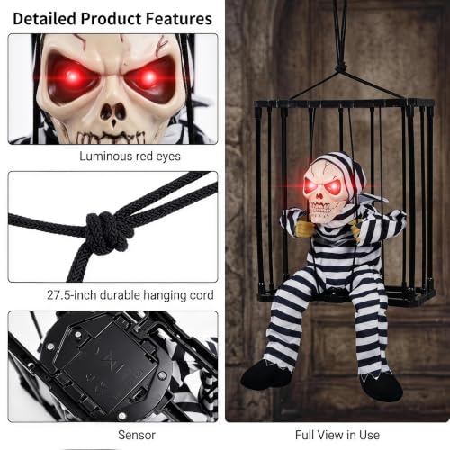 Outdoor Caged Skeleton Prisoner Halloween Decoration with Red LED Eyes & Sound